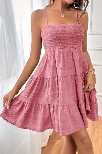 Image of HVEPUO Women Spaghetti Strap Sleeveless Smock Cami Mini Dress Summer Vacation Flowy Boho A Line Swing Short Dresses for Women