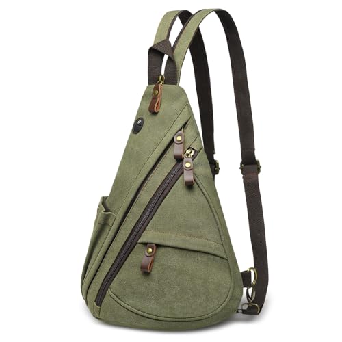 Vintage Canvas Sling Bag with Genuine Leather Zipper, 3 in 1 Crossbody, Backpack, and Chest Bag, for Travel, Hiking, 16x10x6 Inches, Green