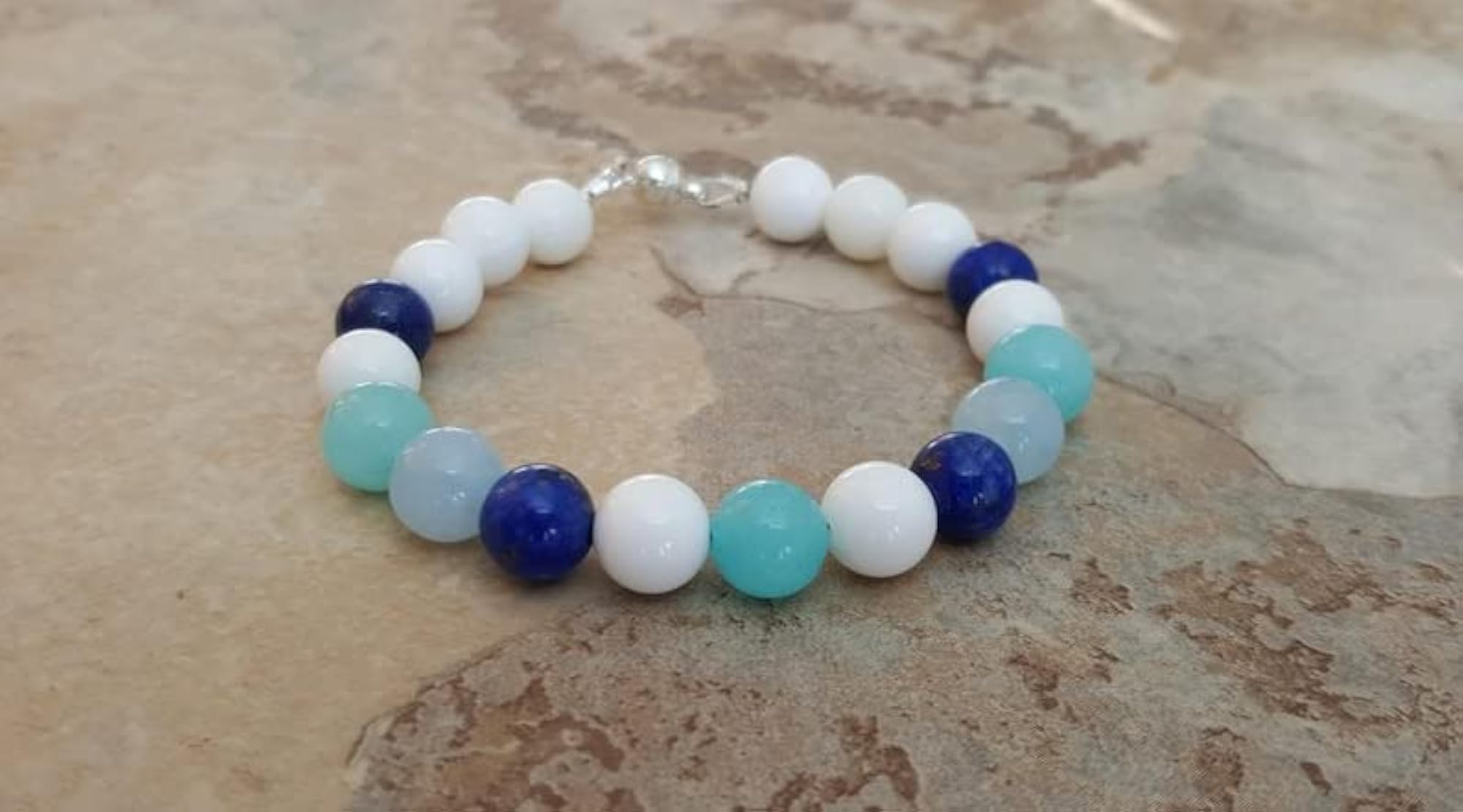 Aquamarine, Lapis Lazuli & White Agate 10mm Bracelet, Unisex