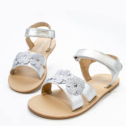 Children Flat Toe Sandals Flower Beach Shoes Little Girls Sandals Sandals for Outer Wear Girl Jelly Sandals (Silver, 6-7 Years Little Child)2