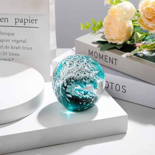 Qianwei Hand Blown Ocean Waves Crystal Ball - Glass Collectible Figurines Spere - Paperweight Glass Ball Aquarium DecorOffice Decor Ocean Lovers - Image 6