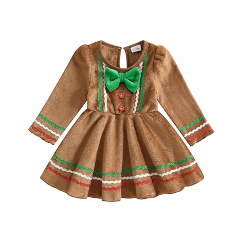 MoZiKQin Toddler Baby Girl Christmas Dress Gingerbread Man Velevt Ruffle Dress Long Sleeve Tutu Dresses Christmas Outfit