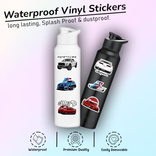 Image of Car Stickers Pack of 43 - Waterproof Vinyl Decals for Laptop, Water Bottle, Helmet & Skateboard | JDM Muscle Car Supercar F1 Racing Sticker Set | Scratch Proof Heavy Duty Decals for Boys & Teens