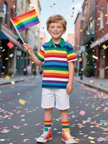 Image of COSLAND Rainbow Boys Striped Polo Shirt Kids Pride Shirt, Rainbow, X-Small