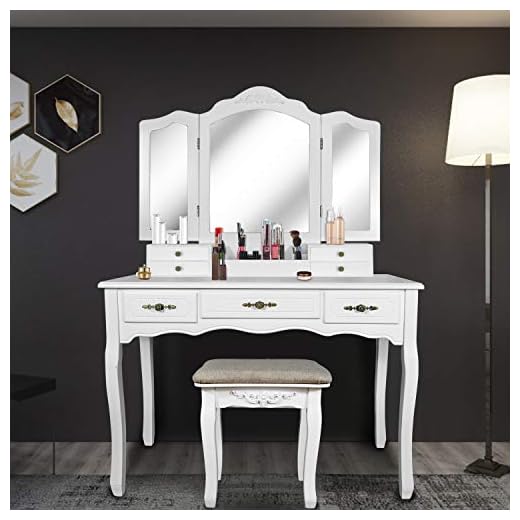 SCYL Color Your Life Tri Folding Mirror Vanity Table Set Dressing Table with Cushioned Stool& 7 Storage Drawer Wood Furniture(Pearl White)