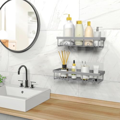 Image of Moforoco Shower Caddy Shelf Organizer Rack, Self Adhesive Black Bathroom Shelves Basket, Home Farmhouse Wall Inside Organization and Storage Decor Rv Accessories, First Camper Apartment Essentials
