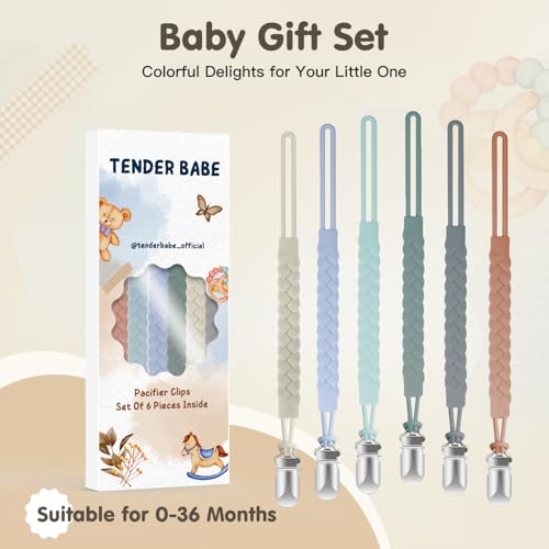 Image of TenderBabe Silicone Pacifier Clip for Baby Boys and Girls, Pack of 6 Soft Flexible Paci Binky Clips with One-Piece Braided-Style Design,BPA-Free Newborn Essentials