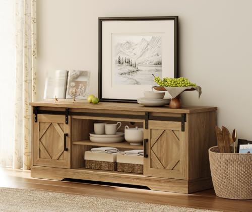 Image of WAMPAT Farmhouse Style TV Stand for 55-65 inch TV w /Distressed Wood Finish