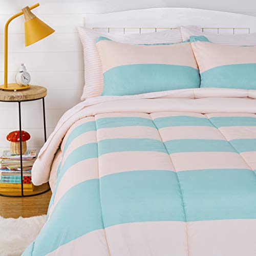 AmazonBasics Kids Easy-Wash Microfiber Bed-in-a-Bag Rugby Stripe Bedding Set - Full/Queen, Blush/Jade
