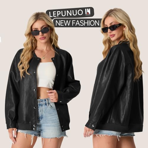 Lepunuo Women's Faux Leather Bomber Jacket Casual Loose Leather Moto Biker Coat Fall Fashion Winter Outfits3