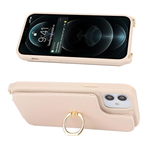 Image of for iPhone 11 Phone Case with Card Holder and Strap for Women,Crossbody Lanyard,Kickstand Ring Stand,Snap Clasp,Phone Wallet Cases 6.1 inch(Beige)