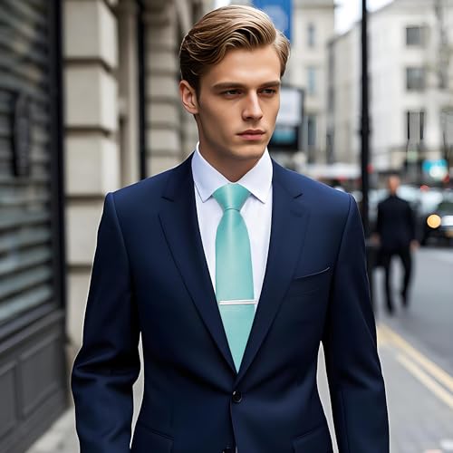Image of YourTies Skinny Ties for Men Satin 2.4 inch Slim Necktie with Pocket Square Tie Clip Set Solid Color Wedding Party Business