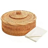 Wenqik 10 Inches Round Rattan Boxes with Lid and 2 Pcs Cotton Towel Cloth Wicker Storage Bin Rustic Rattan Basket for Organizer Woven Box Storage(Classic Style)