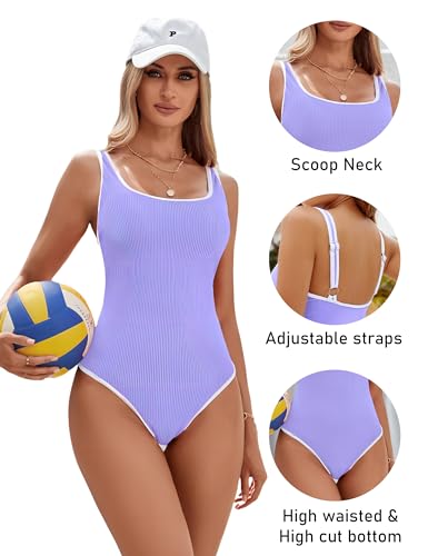 Image of BMJL Women's One Piece Swimsuit Sports Adjustable Strap Bathing Suit Color Block Ribbed High Cut Swimsuits