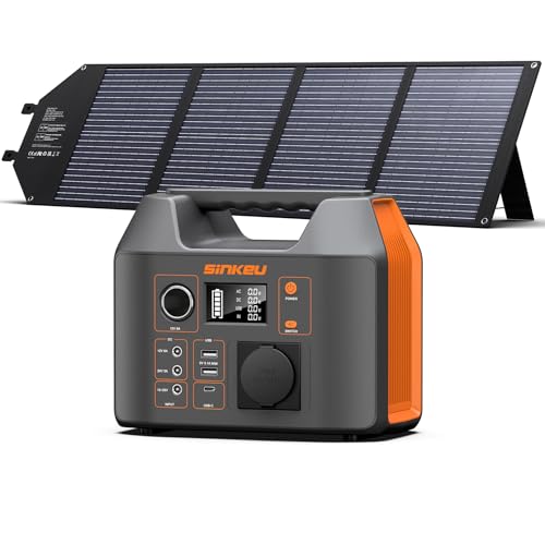 SinKeu Tragbare Powerstation 296 Wh mit 100 W Falt-Solarpanel, Solargenerator mit 230 V AC-Ausgang, 300 W Reine Sinuswelle, LED-Leuchte, Stromgenerator für Camping, Notstrom & Off-Grid