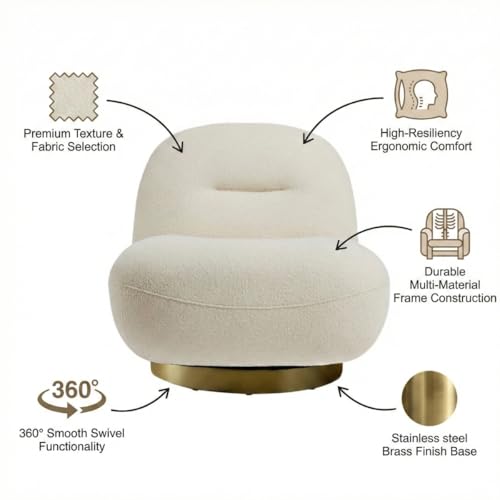 Image of Kingsman Furnitures Otis Swivel Accent Chair 360 Degree Rotating Luxury Lounge Chair for Living Room Bedroom | Premium Upholstery, Modern Design, Comfortable Seating (Boucle Fabric Matte Gold Base)