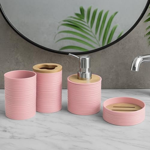 Image of Story@Home 4 Pieces Bathroom Accessories Set | Toothbrush Holder, Soap Dispenser, Mouth Wash Cup & Soap Dish for Home Kitchen & Bathroom | Bathroom Essentials for Office - Peach