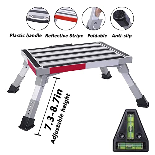 Homeon Wheels Safety Rv Steps, Adjustable Height Folding Platform Step With Non-Slip Rubber Feet, Handle, Reflective Strips And T Level, 16.5" X 12.2" Rv Step Stool, Supports Up To 1000Lbs #TOP2