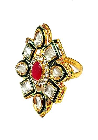 Adjustable Gold Plated Ring for Women - Kundan-image-14