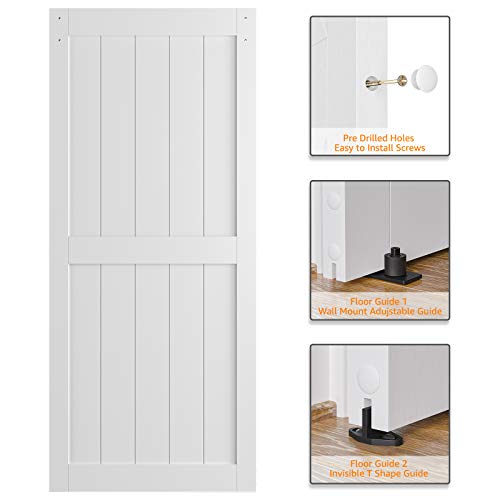 Yihico 36 X 84In Solid Mdf Barn Door(Predrilled & Unassembled Door Panels), With Whole 6.6Ft Sliding Door Hardware Kit, 12In Handle Kit And 2 Floor Guides, Pvc Waterproof Coating - White - H Frame #TOP5