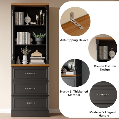 Image of 71'' Tall Bookshelf, Bookcase Storage Cabinets with 3-Tier Adjustable Shelves, Wooden Deep Book Shelf for Office, Living Room, Bathroom, Black