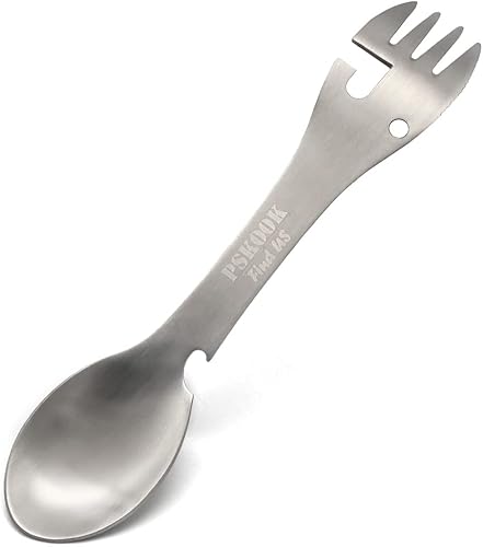 PSKOOK Tenedor táctico 5 en 1, cuchara de acero inoxidable y abridor de botellas, tenedor y cuchillo, combo de abrelatas, utensilio de campamento