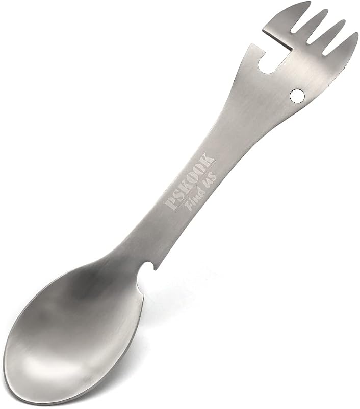 Spork táctico utilitario 5 en 1, cuchara y abridor de botellas de acero inoxidable, tenedor y cuchillo, abrelatas, utensilio de camping combinado para senderismo, camping o mochilero (plata mate)