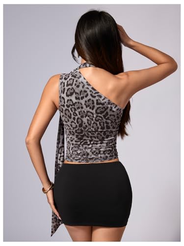 Image of RoseSeek Women's Y2K Leopard Polka Dots Halter Asymmetrical Neck Crop Tops