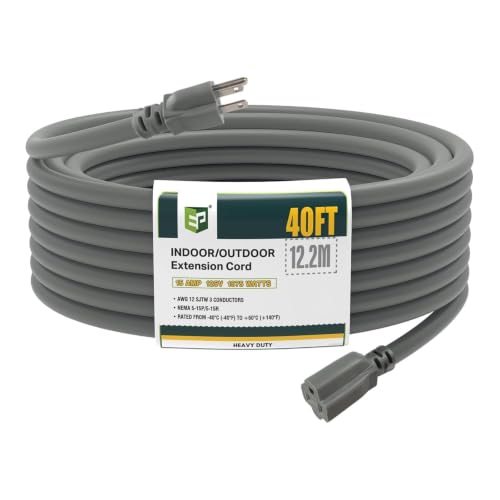 EP 40 Ft Heavy Duty Outdoor Extension Cord, 12/3 SJTW Grey 3-Prong