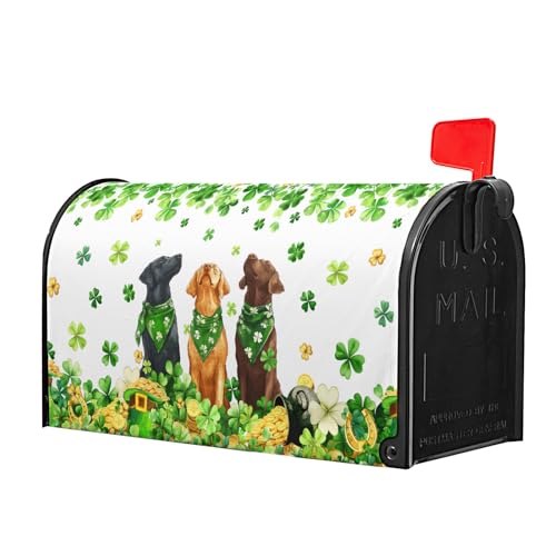 Image of St. Patricks Day Mailbox Cover Magnetic, 21 inchx18 inch Patrick Dog Lucky Clover Elf Hat Mailbox Wrap, Spring Shamrocks Standard Size Waterproof Letter Post Cover for Garden Yard Outdoor Decor