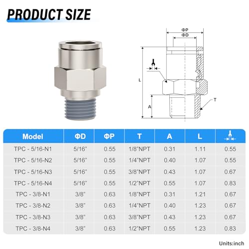 Raccord pneumatique 3/8 OD x 1/2 NPT lot de 5 connecteurs droits - 3