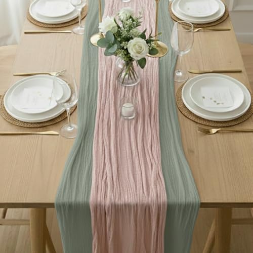Avolander Cheesecloth Table Runner 2 Pack Sage Green and Dusty Pink, Boho Gauze Table Runner 10Ft 120 Inches Long for Wedding Decor, Party & Home Table Decoration