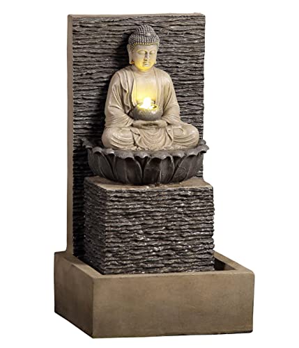 Dehner Gartenbrunnen Buddha mit LED Beleuchtung, ca. 64 x 35 x 32 cm, Polyresin, braun