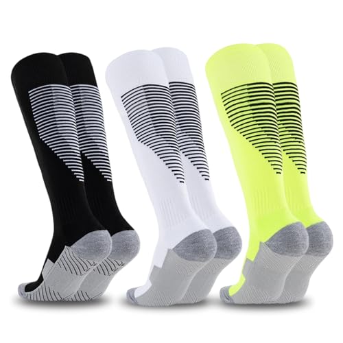 Fiohiros 3 Pairs Football Socks Men Women, Knee High Compression Sports Socks, Thick Cushioned Soccer Running Training Socks, Breathable Athletic Socks (Black+White+Green)