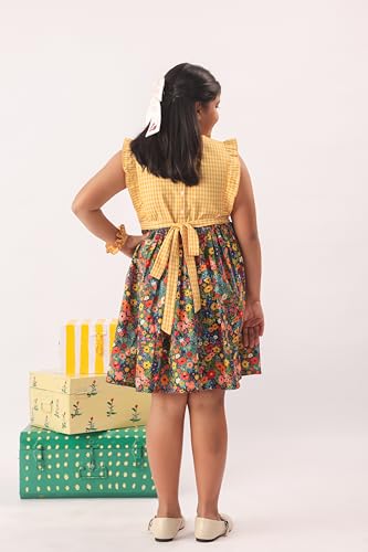 Image of Kids Girls Printed Embroidered Fusion Dress | Handmade Crafted Designer Ethnic Wear | 100% Cotton