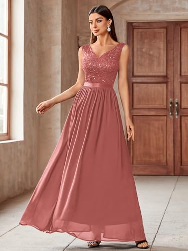 Image of Miusol Women's Sexy Deep V-Neck Sequin Lace Double Sleeveless Evening Party Maxi Dress