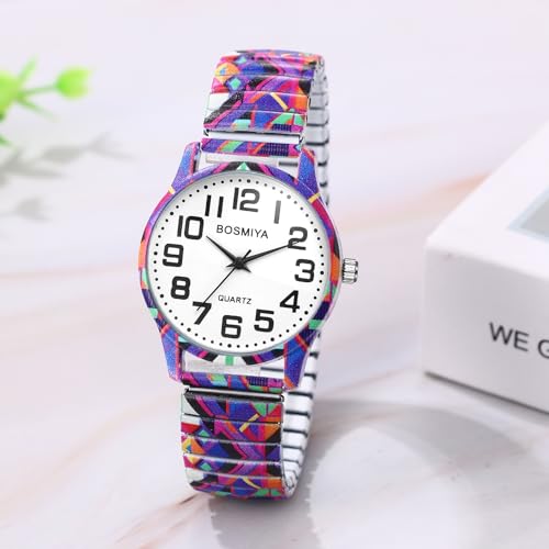 JewelryWe Women's Stretch Band Watches: Easy Reader Analog Quartz Elastic Watch Casual Floral Expansion Band Wristwatch 5