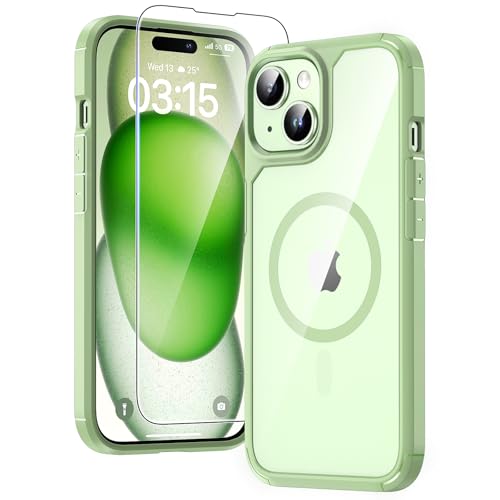 Image of TAURI for iPhone 15 Case, Compatible with MagSafe [Anti-Yellowing] with Screen Protectors, Military-Grade Protection, Shockproof Slim Magnetic Phone Case for iPhone 15 6.1 inch, Green | with Screen Protector, Not-Yellowing Military-Grade Protection, Shockproof Slim Magnetic Case for iPhone 15
