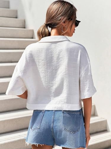 Image of TOPLOT V-Collar Solid Crop Shirt for Women with Half Sleeves, Polyester, Regular Fit