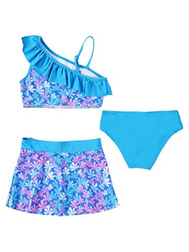 Kids Girls Tankini 3 Pieces Swimsuit Ruffles Flounce Printed Swimwear Hawaii Beach Bikini Sets Rash Guard Sky Blue 10 Years4
