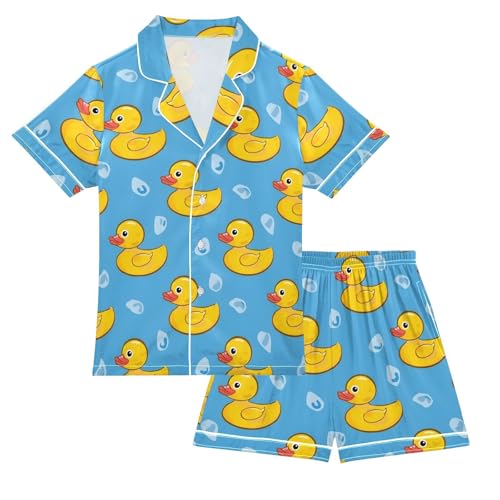 Cute Ducks Satin Pajamas Button-Down 2 Piece Loungewear Pj Set Sleepwear Nightwear