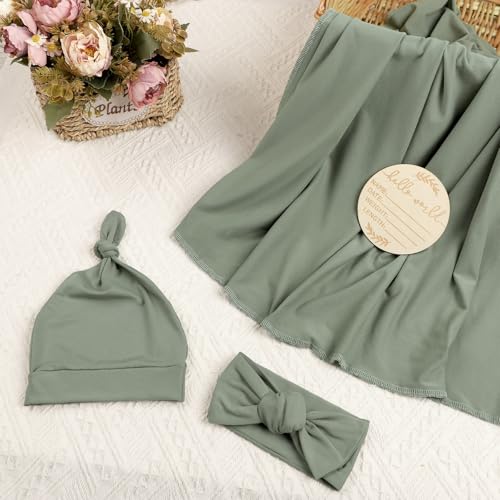 Image of TANOFAR Newborn Swaddle Blanket for Baby Girls & Boys, Ultra Soft Receiving Blankets with Matching Headband and Beanie Set Baby Nursery Swaddle Wrap (Green)