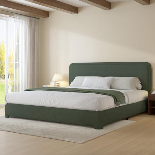 King Bed Frame with Headboard, Boucle Upholstered Platform Bed with
