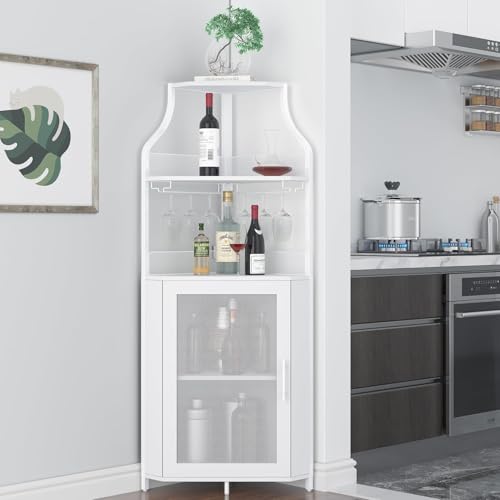 OPULENTHOME Armoire à vin d'angle avec table de travail, armoire à vin en bois avec 5 étagères et 2 supports en verre et porte en maille pour cuisine,...