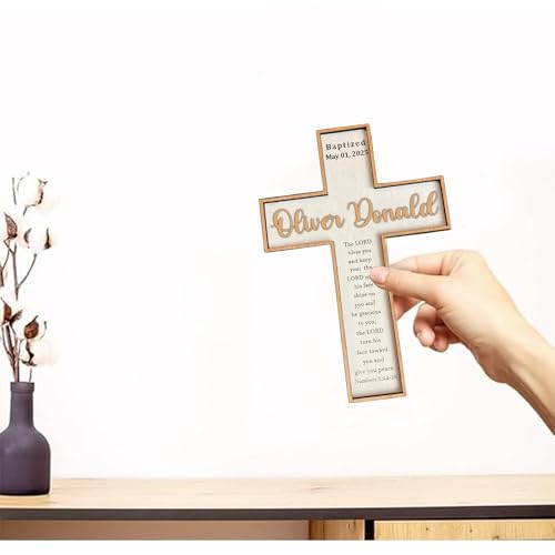Image of Godashop Personalized Baptism Cross Wood Sign, Wooden Sign Baptism Gifts For Baby, Christening Gifts Crosses for children, Baptized Cross Sign, Dedication Gift - A5