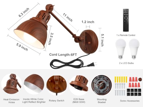 Image of GOODATE 2 Pack Plug in Wall Sconces with Remote Control, Dimming, Adjustable Colors 2700K-6500K, Swing Arm Wall Lamps with Night Light & Timer, Plug-in or Hardwired, LED Bulbs Included, Walnut Finish