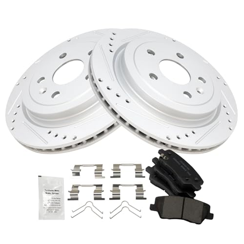 Image of TRQ Performance Rear Ceramic Brake Pad and Rotor Set Coated Drilled Slotted Compatible with 14 Cadillac CTS Base Model Sedan, 15 Cadillac CTS Base Model, 16-18 Vsport