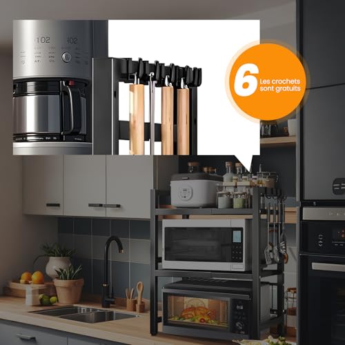 Étagère micro-ondes extensible en métal noir à 2 niveaux pour cuisine - 7