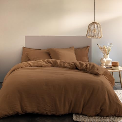 MATT & ROSE Parure de lit Unie Passion Lin 2 Personnes | 100% Lin Lavé | Oeko-TEX | Housse de Couette 240x220 + 2 Taies d'oreiller 65x65 cm | Ecorce
