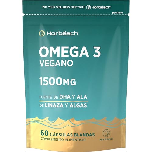 Omega 3 Vegano 1500mg de Aceite de Algas y Linaza (DHA + EPA + ALA 750mg) | 60 Cápsulas Blandas | Aceite de Origen Vegetal | 100% Vegan | de Horbaach